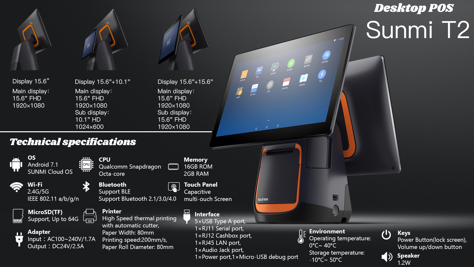 2 เครื่อง POS Android 7.1 มีเครื่องพิมพ์ความร้อน 80 มิล ในตัวเครื่อง wifi ,bluetooth ,USB ,LAN ,RJ11 ปริ้นเตอร์พิมพ์เร็ว 200 m/s รองรับกระดาษหน้ากว้าง 3 นิ้ว ตัดกระดาษอัตโนมัติ รองรับโปรแกรม Android ,loyvers ,posstep ,pos2u ,และอื่นๆอีกมากมาย Sunmi T2 รูปที่ 3