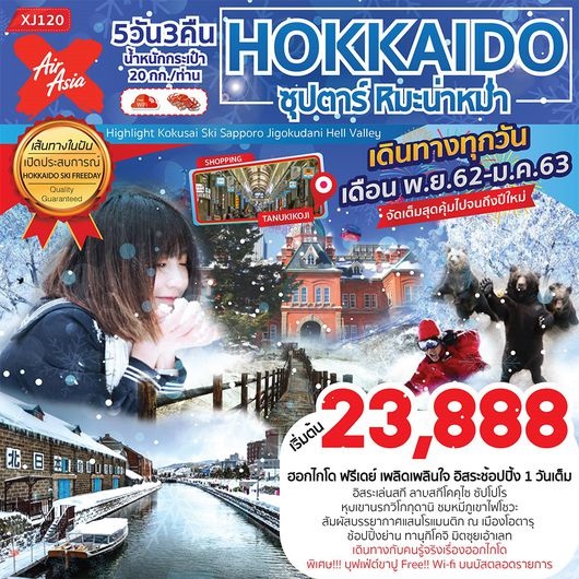 ทัวร์ญี่ปุ่น ซุปตาร์ หิมะน่าหม่ำ HOKKAIDO SKI FREEDAY 5D3N  เริ่มเพียง 23,888 บ. รูปที่ 1