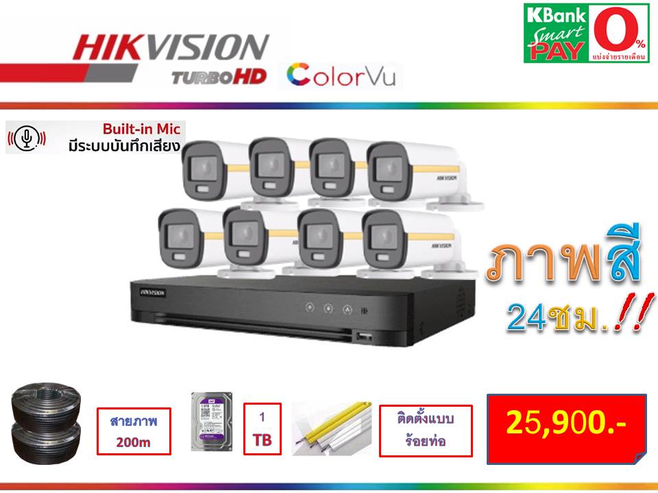ชุดกล้องวงจรปิดภาพสี 24 ชม.Hikvision 8 กล้อง  ราคาพร้อมอุปกรณ์ และติดตั้งใช้งาน ผ่อน 0%  รูปที่ 1