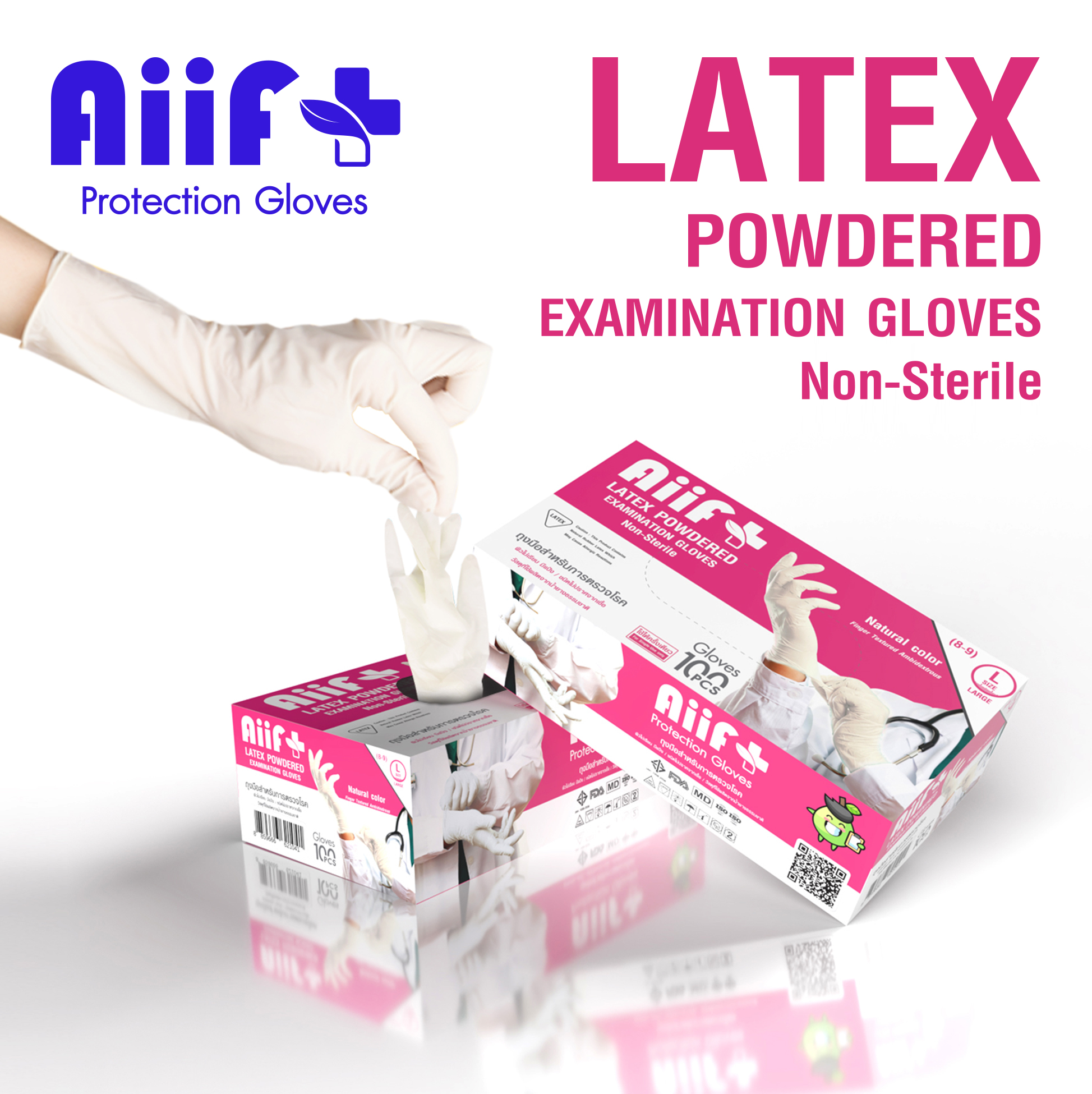 ถุงมือยาง Aiif Plus Latex Powdered Examination Gloves ชนิดมีแป้ง ผลิตจากน้ำยางธรรมชาติ 100% รูปที่ 1