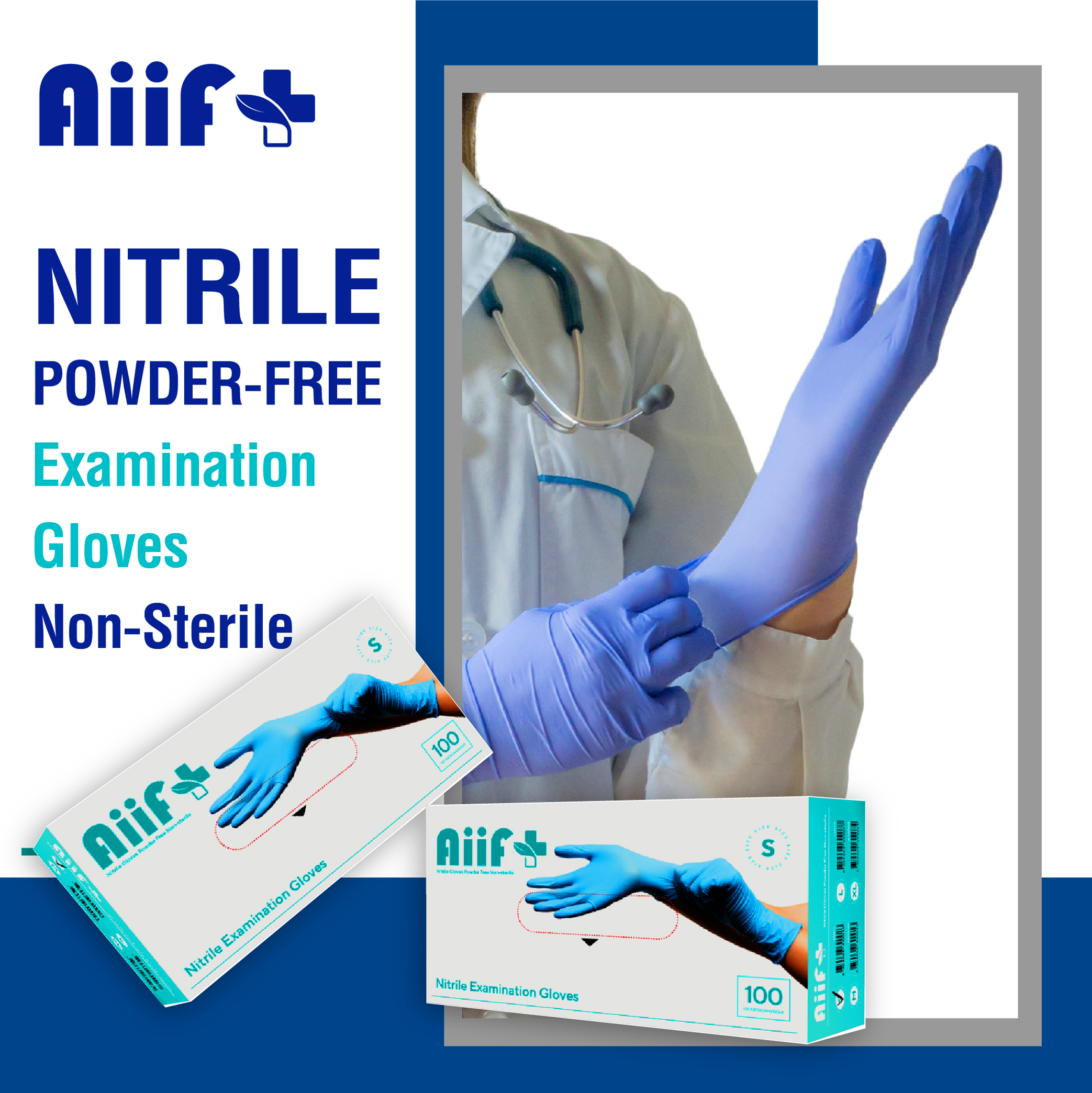 ถุงมือยาง Aiif Plus Nitrile Powder-Free Examination Gloves ชนิดไม่มีแป้ง ผลิตจากยางสังเคราะห์ ชนิด ยางไนไตร รูปที่ 1