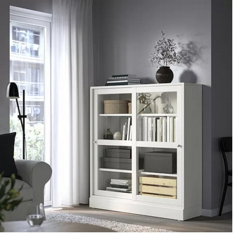 Storage unit with plinth 2 sliding doors with clear tempered glass shelves. Maximum load  shelf 32 kg  Solid pine wood  Dark brown รูปที่ 1