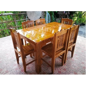 โต๊ะอาหารโต๊ะกินข้าว โต๊ะทานอาหารชุดโต๊ะกินข้าวไม้สักทอง 6 ที่นั้ง ขนาด 90x150x80 ซม. โต๊ะกลาง 1 ตัว เก้าอี้ 6 ตัว งานดี ปราณีต ทำจากไม้สักแ รูปที่ 1