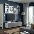 TV stand  TV bench storage cabinet wall mounted. 3 doors and shelves. L. 180 cm. Pushopener door opening. Max load top panel 50 kg.  Wood  White grey