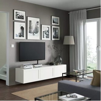 TV stand  TV bench storage cabinet wall mounted. 3 doors and shelves. L. 180 cm. Pushopener door opening. Max load top panel 50 kg.  Wood  White รูปที่ 1