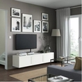 TV stand  TV bench storage cabinet wall mounted. 3 doors and shelves. L. 180 cm. Pushopener door opening. Max load top panel 50 kg.  Wood  White