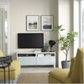 Storage unit  TV stand with drawers and shelves. Pushopen opening drawer. W. 120 cm  Max load top panel 50 kg.  Wood  White light greyblue