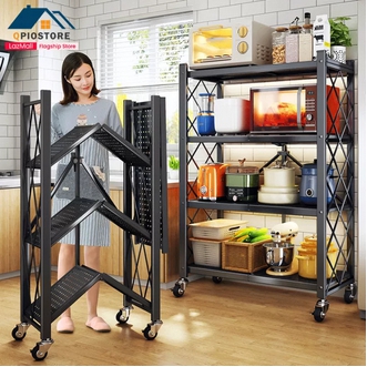 storage shelf foldable shelf no installation required Universal wheel design 4tier shelf 5tier kitchen shelf. steel shelf bookshelf รูปที่ 1