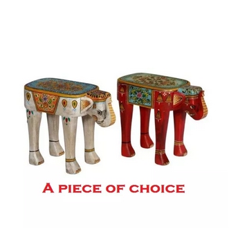 Stool  small side table in the shape of an carved wood elephant 22x52x40 cm.  Handmade in India  Solid wood  White or red multricolor รูปที่ 1