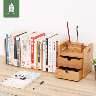 Wooden bookshelf with drawers table top bookshelf Organize books High grade real bamboo material รูปที่ 1