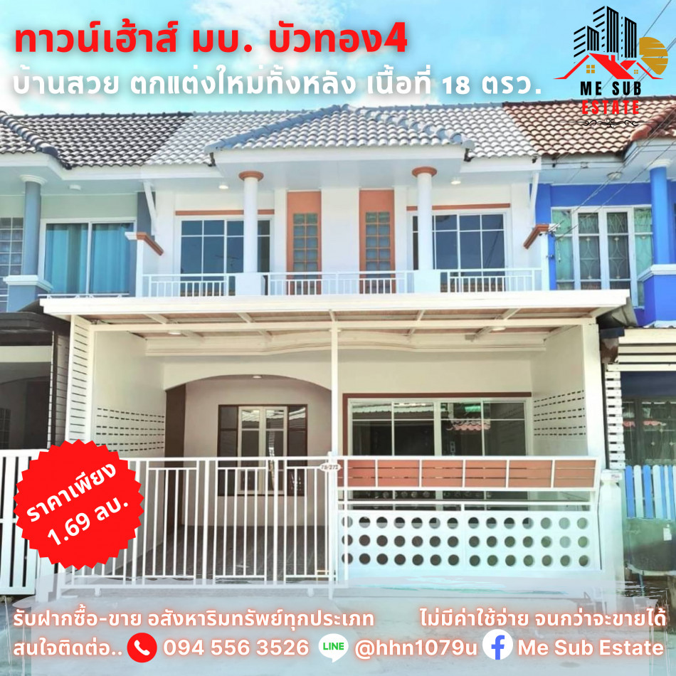 ขาย ทาวน์โฮม บ้านบัวทอง 4 72 ตรม. 18 ตร.วา ตกแต่งใหม่ทั้งหลัง สวย ราคาโดนใจ รูปที่ 1