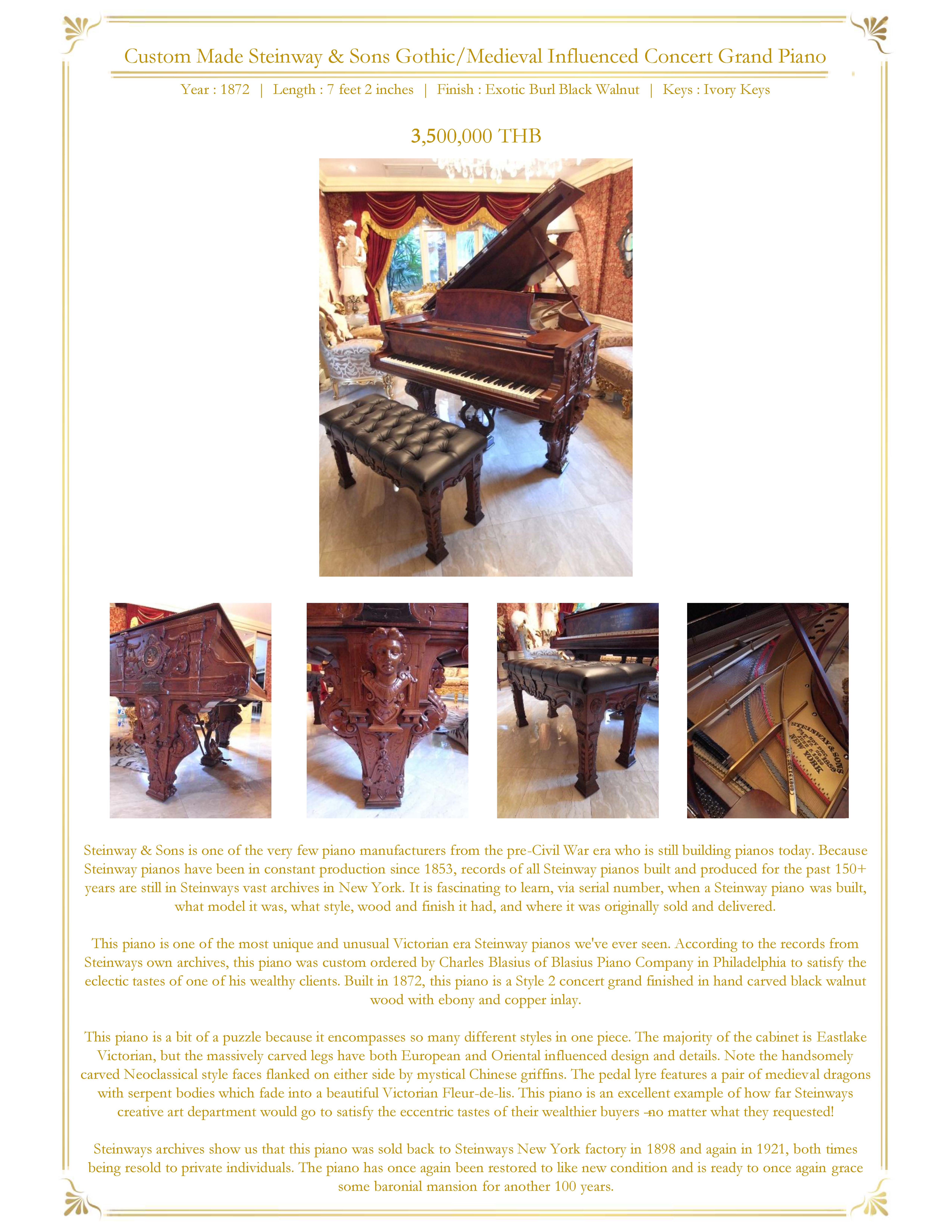 3,500,000 THB Custom Made Steinway & Sons Gothic/Medieval Influenced Concert Grand Piano  Year : 1872 | Length : 7 feet 2 inches | Finish : Exotic Burl Black Walnut | Keys : Ivory Keys รูปที่ 1
