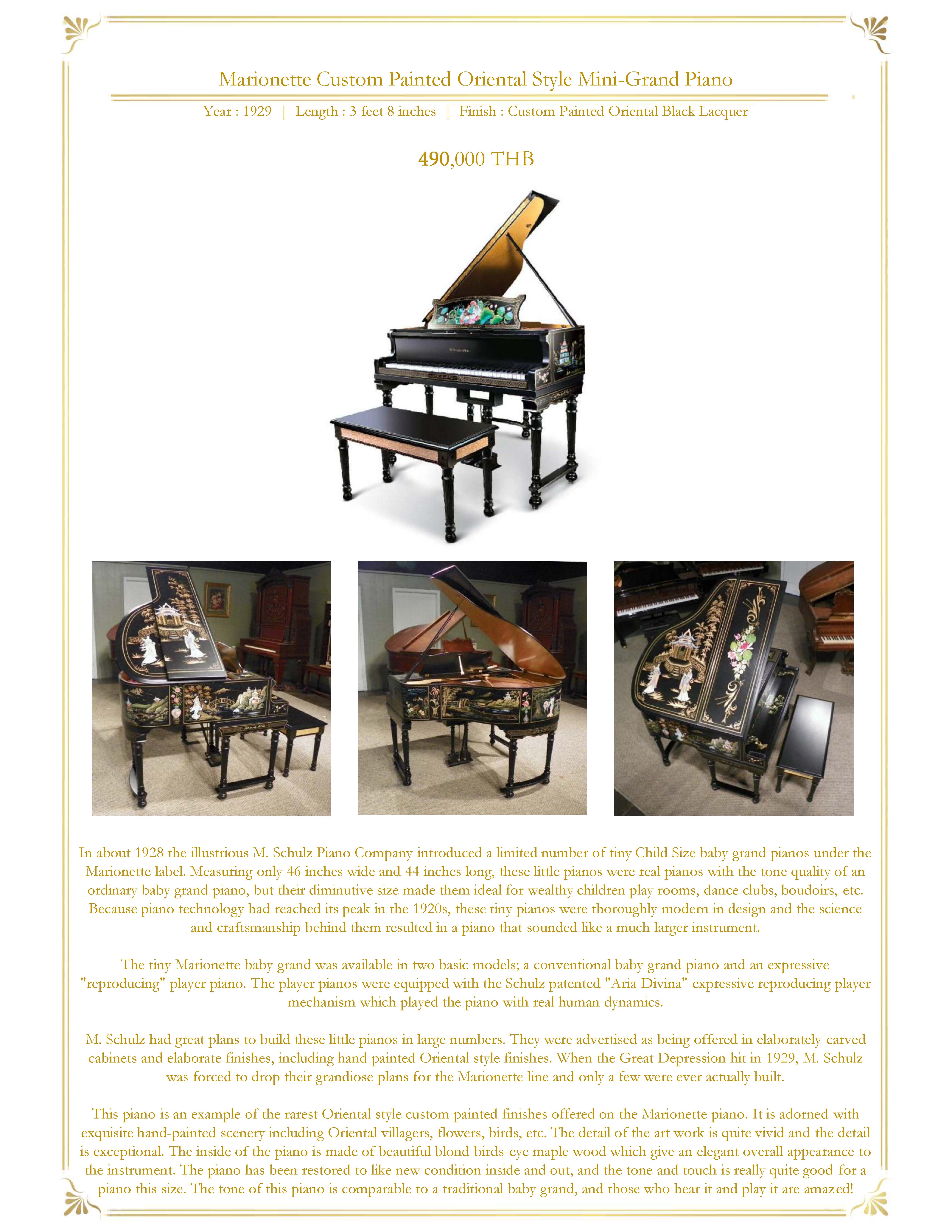 รูปภาพ Marionette Custom Painted Oriental Style Mini-Grand Piano 490,000 THB Year : 1929 | Length : 3 feet 8 inches | Finish : Custom Painted Oriental Black Lacquer