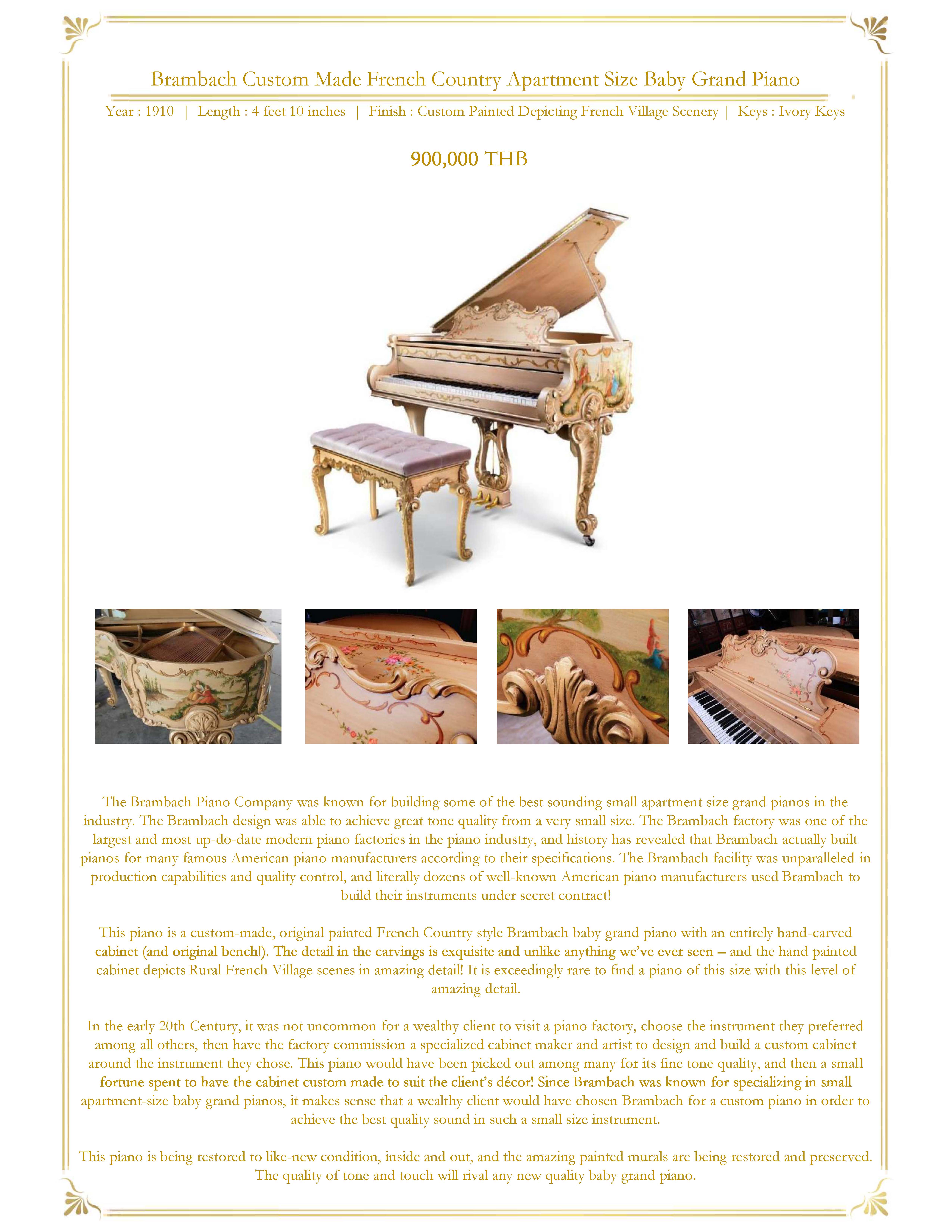 รูปภาพ Brambach Custom Made French Country Apartment Size Baby Grand Piano 900,000 THB Year : 1910 | Length : 4 feet 10 inches | Finish : Custom Painted Depicting French Village Scenery | Keys : Ivory Keys