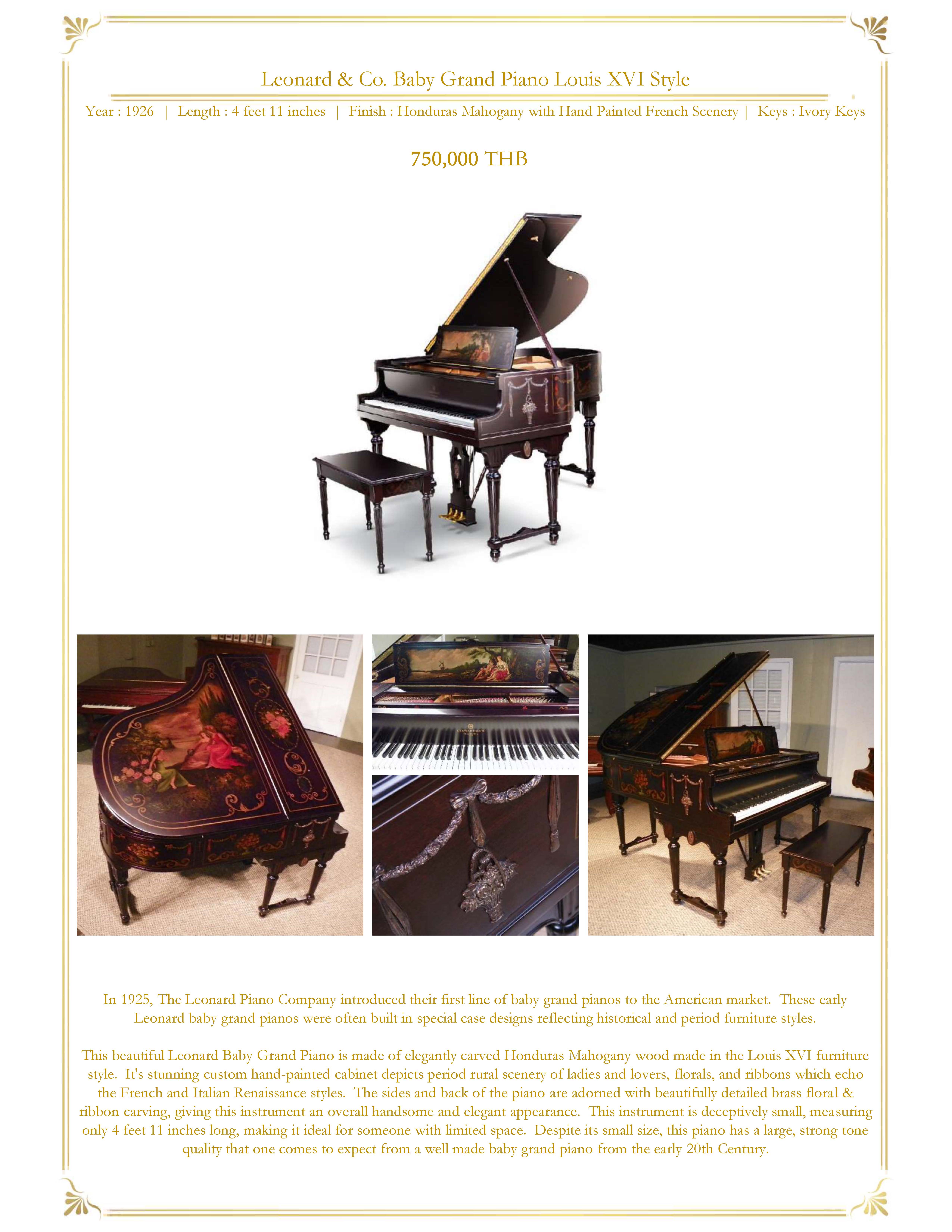 รูปภาพ Leonard & Co. Baby Grand Piano Louis XVI Style 750,000 THB Year : 1926 | Length : 4 feet 11 inches | Finish : Honduras Mahogany with Hand Painted French Scenery | Keys : Ivory Keys