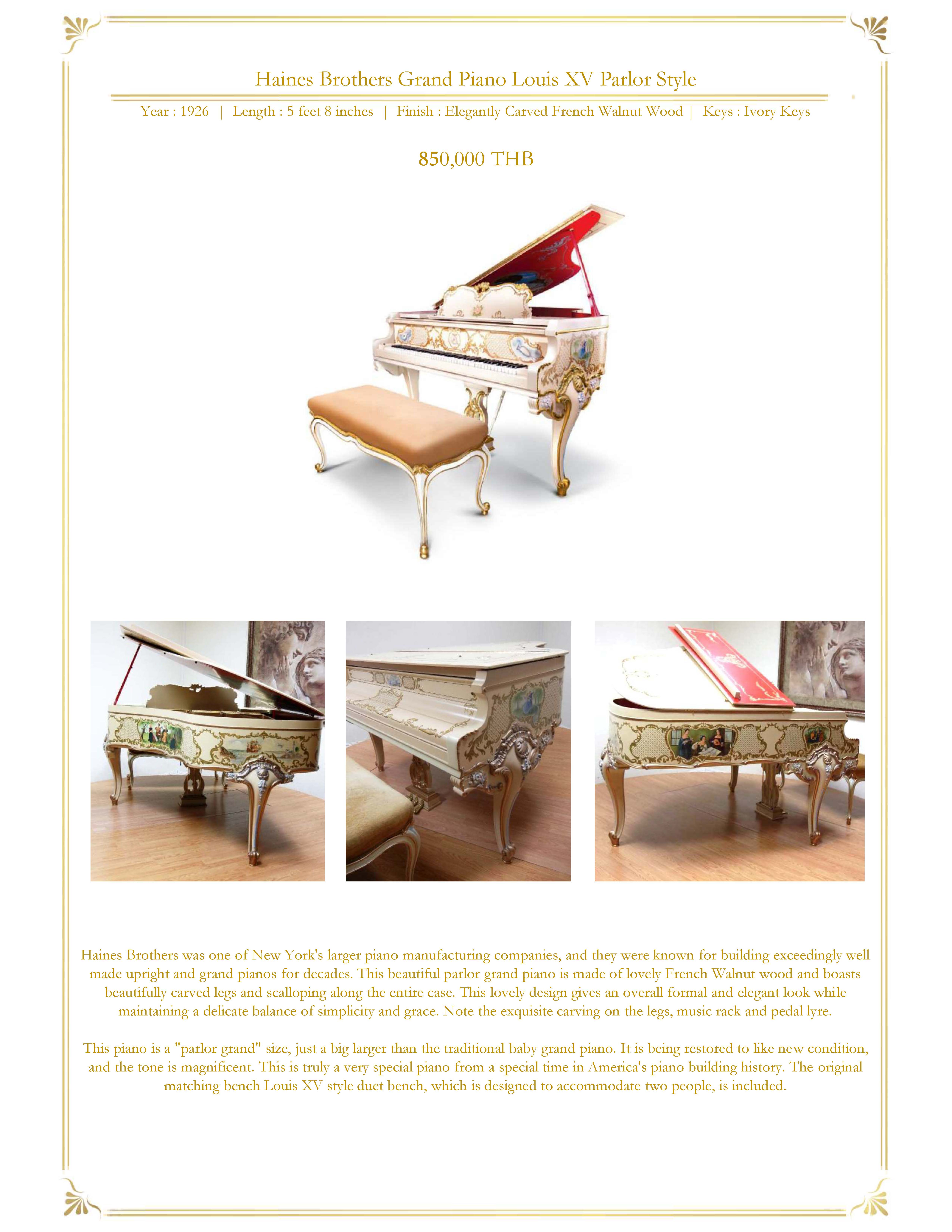 รูปภาพ Haines Brothers Grand Piano Louis XV Parlor Style 850,000 THB Year : 1926 | Length : 5 feet 8 inches | Finish : Elegantly Carved French Walnut Wood | Keys : Ivory Keys