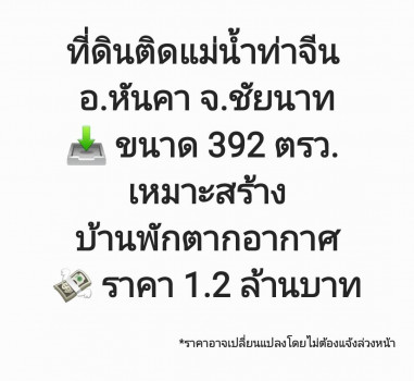 ขาย ที่ดิน ติดแม่น้ำท่าจีน ที่ดินติดแม่น้ำท่าจีน อ.หันคา จ.ชัยนาท 392 ตร.วา .ทำเลดี สวย รูปที่ 1