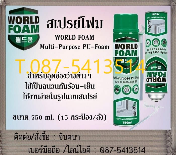 (จินตนา T.0875413514 ) นำเข้า-จำหน่าย  WORLD FOAM Multi – Purpose Polyurethane กาวสเปรย์โฟมอเนกประสงค์ สำหรับอุดร่อง ช่องโหว่ รอยรั่ว อุดช่องว่าง กันเสียง กันกระแทก รูปที่ 1