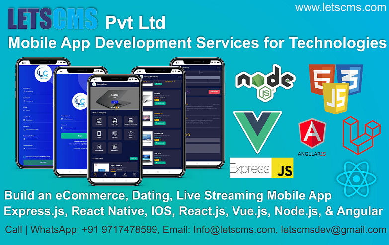 Top Mobile App Development Service & Technologies: Express.js, React Native, iOS, React.js, Vue.js, Node.js, Angular, Ionic by LETSCMS Pvt Ltd รูปที่ 1