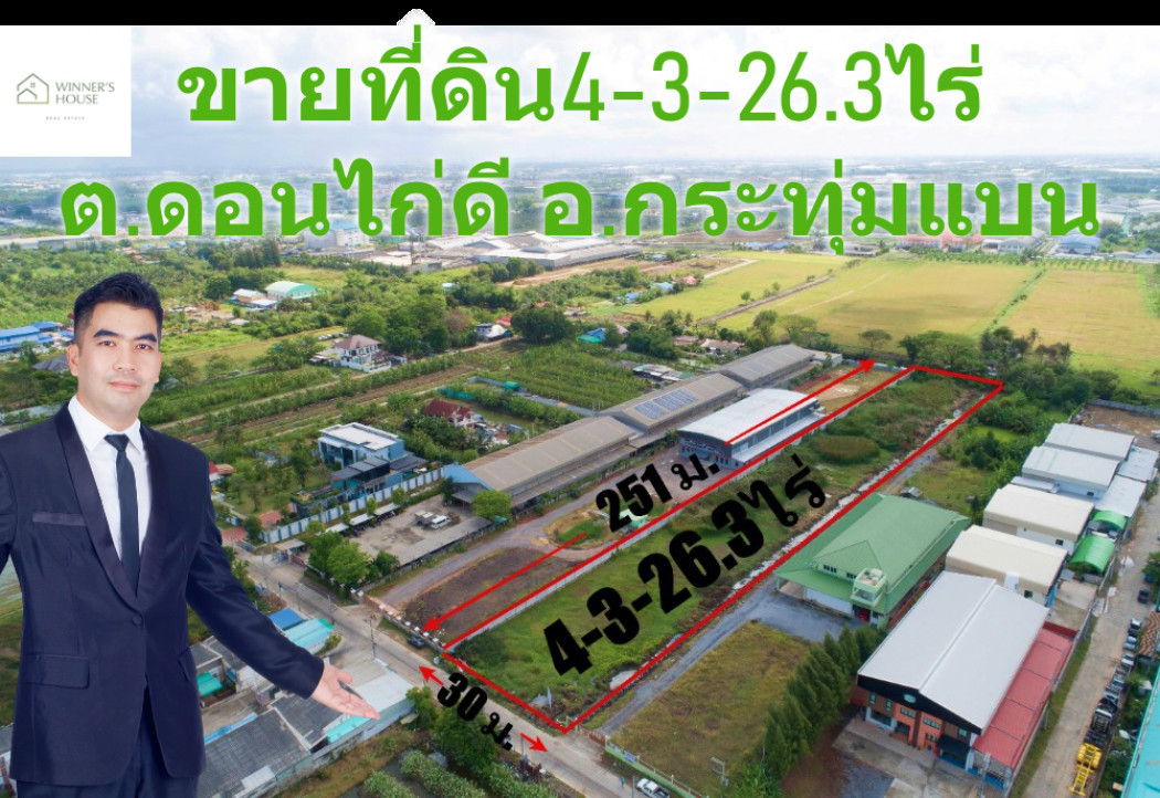 ขายที่ดิน4-3-26.3ไร่ ต.ดอนไก่ดี อ.กระทุ่มแบน จ.สมุทรสาคร ติดถนนบ้านคลองตะโกกว้าง6เมตร หลังติดคลอง ตารางวาละ8,000บาทเท่านั้น รูปที่ 1