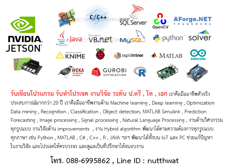 รับเขียนโปรแกรม , รับทำโปรเจคนักศึกษา , รับทำงานวิจัย , ป.ตรี , ป.โท , ป.เอก , งานบริษัท องค์กร , งานด้านวิศวกรรม , งานด้านระบบปัญญาประดิษฐ์ (Artificial intelligence) , งานด้าน Algorithm , งานด้าน Optimization , งานด้าน Recognition , งานด้าน Machine learning รูปที่ 1