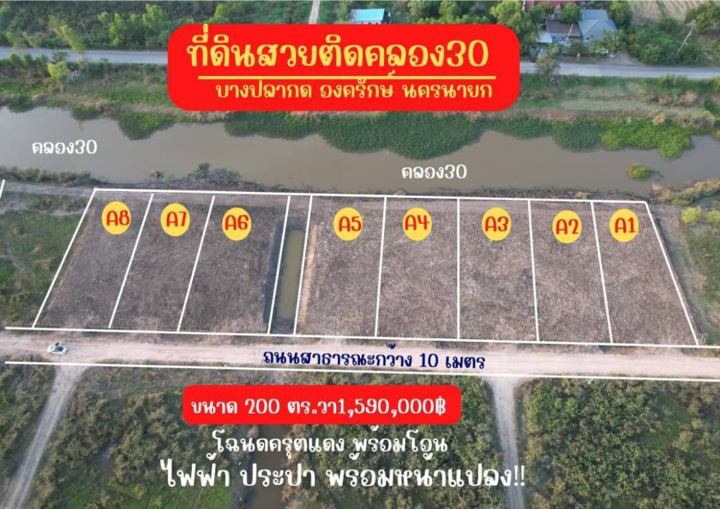 ขายที่ดินแบ่งล็อคบางปลากด 200 ตรว. ติดคลอง 30 ถมแล้ว ใกล้ถนนเส้นนย.2024 - 160 เมตร องครักษ์ นครนายก รูปที่ 1