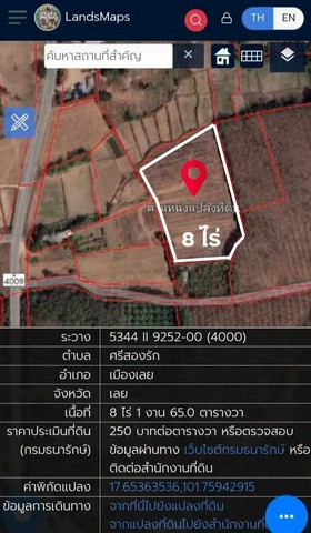 ขายที่ดิน เมืองเลย ทำเลดี ตำบลศรีสองรัก เนื้อที่ 8ไร่1งาน65ตรว. อยู่บนถนนสาย4009 รูปที่ 1