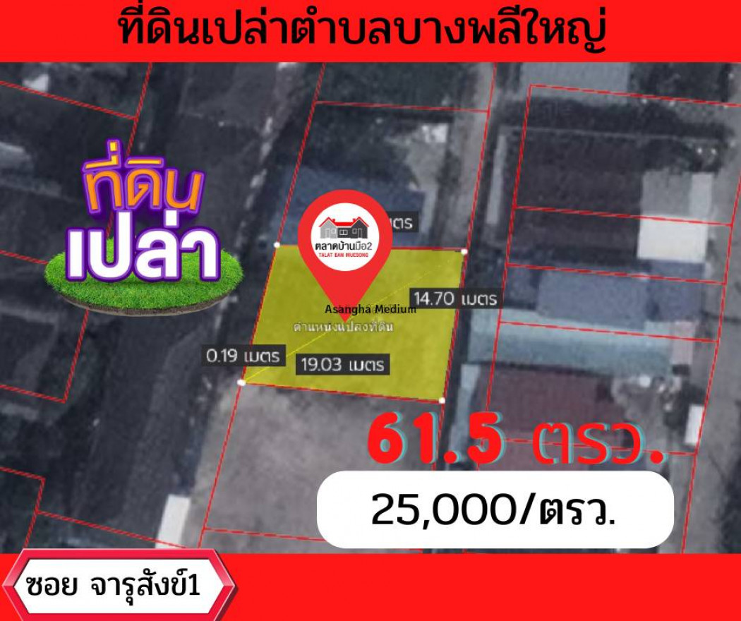 ขาย ที่ดิน ที่ดินเปล่า ถมแล้ว ที่ดินเปล่าถมแล้วซอยจารุสังข์1 บางพลีใหญ่ 61.5 ตร.วา รูปที่ 1