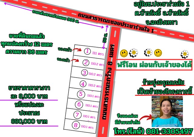 ขายที่ดินจัดสรร ถมแล้ว 110 ตรว.ใกล้ตัวอำเภอบ้านโพธิ์ ที่ดินตั้งอยู่ในซอยประชาร่วมใจ 1 ต.บ้านโพธิ์ อ.บ้านโพธิ์ จ.ฉะเชิงเทรา รูปที่ 1