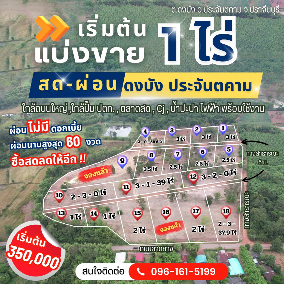 ขายที่ดินสด-ผ่อนไม่มีดอกเบี้ย ซื้อสดลดให้อีกที่ดินดงบัง 2 ไร่ ประจันตคาม ใกล้ตลาดสดชุมชน เหมาะปลูกบ้านสวน ราคาถูกๆ จ.ปราจีนบุรี รูปที่ 1