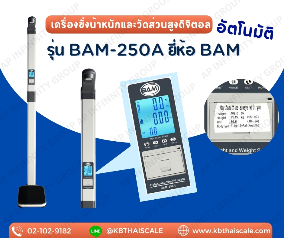 เครื่องชั่งน้ำหนักบุคคล เครื่องชั่งดิจิตอลพร้อมชุดวัดส่วนสูงพร้อม BMI คำนวณค่าดัชนีมวลกาย (Body Mass Index) พิกัดกำลัง 250 kg และชุดวัดส่วนสูง 30 - 200 cm BAM รุ่น BAM-250A รูปที่ 1