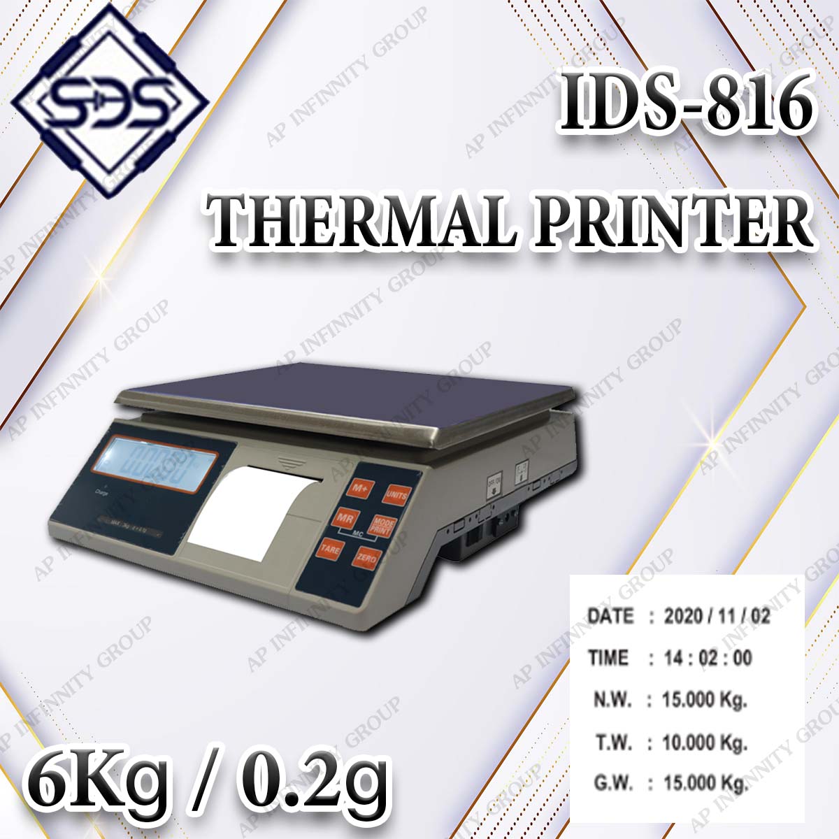 เครื่องชั่งดิจิตอลพร้อมปริ้นเตอร์ในตัว เครื่องชั่งดิจิตอล 6Kg ตาชั่งดิจิตอล 6Kg เครื่องชั่งน้ำหนักดิจิตอล 6Kg ตาชั่งน้ำหนักดิจิตอล 6Kg เครื่องชั่งพร้อมเครื่องปริ้นในตัว พิกัด 6Kg อ่านค่าความละเอียด 0.2g ยี่ห้อ SDS รุ่น IDS-816TM รูปที่ 1