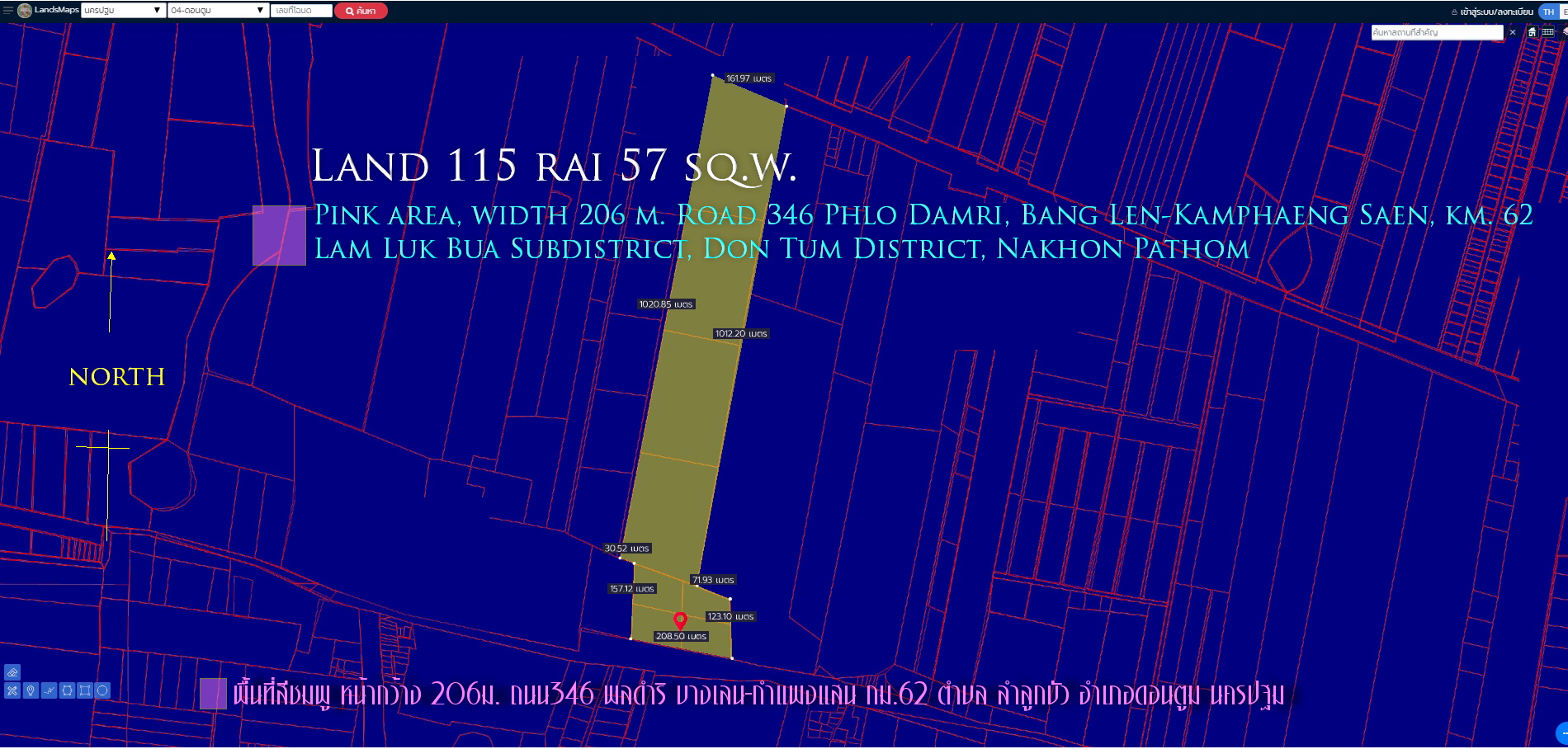 ที่ดิน115ไร่  พื้นที่สีชมพู หน้ากว้าง 206ม. ถนน346 พลดำริ บางเลน-กำแพงแสน   ตำบล ลำลูกบัว อำเภอดอนตูม นครปฐม   รูปที่ 1