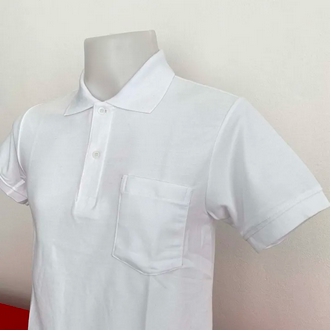 เสื้อโปโลสีขาวล้วน แบบไม่มีโลโก้ แบบชาย ทรงตรง มีกระเป๋าที่หน้าอก ส่วน แบบหญิง ทรงเข้ารูป ไม่มีกระเป๋า รูปที่ 3
