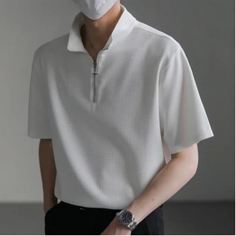 Light Mature Style High-end Polo Shirt, Loose Short Sleeves, White Shirt, Versatile Simple Zipper Top รูปที่ 5