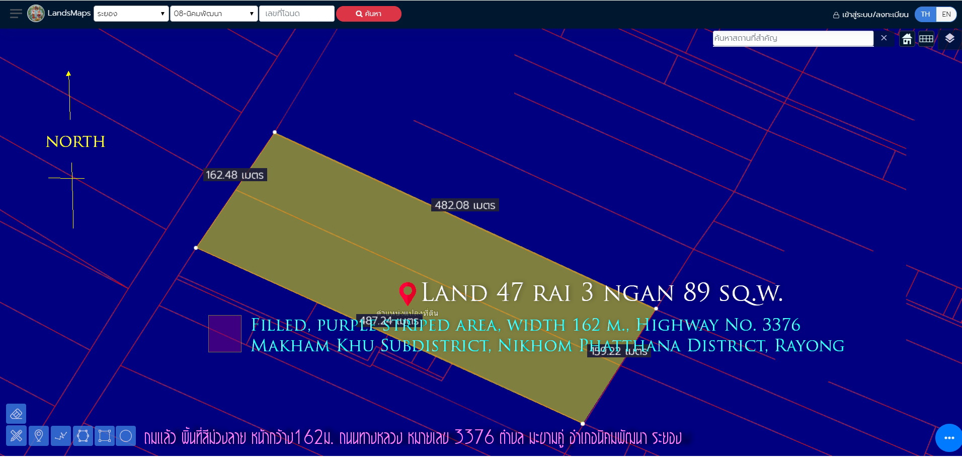ที่ดิน47ไร่3งาน89ตรว. ถมแล้ว พื้นที่สีม่วงลาย หน้ากว้าง 163ม. ถนน ทางหลวงหมายเลข3376   ตำบล มะขามคู่ อำเภอนิคมพัฒนา ระยอง  รูปที่ 1
