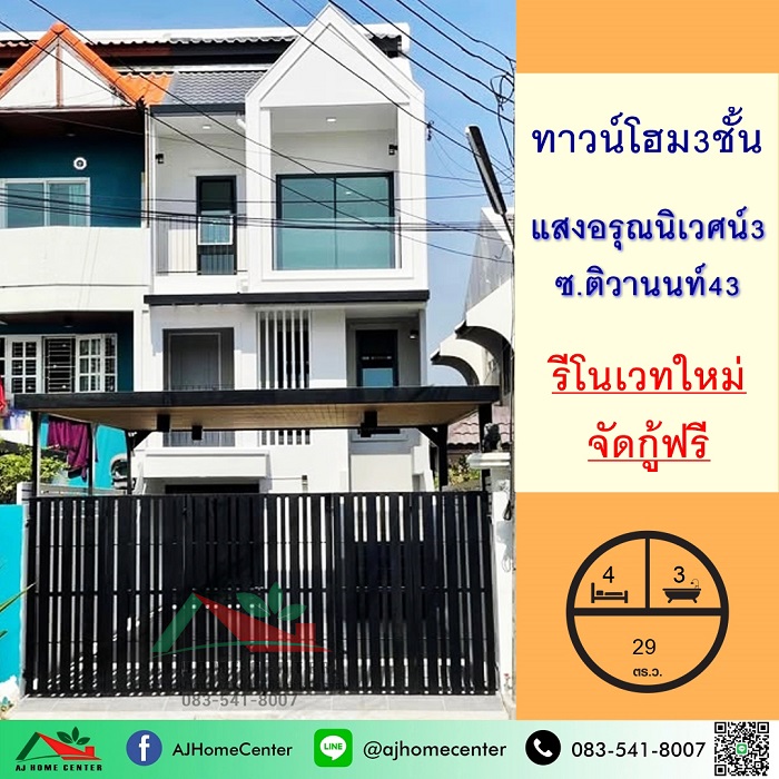 รีโนเวทใหม่ ขายทาวน์โฮม3ชั้น 29ตรว. ม.แสงอรุณนิเวศน์3 ซ.ติวานนท์43 รีโนเวทใหม่ ภายในเล่นระดับ จัดกู้ฟรี รูปที่ 1