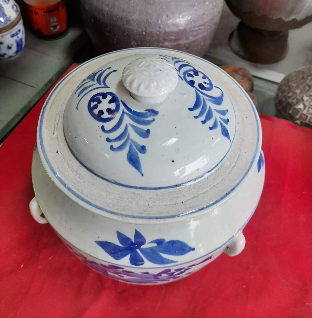 โถกระปิลายคราม เครื่องลายครามโบราณจากจีน ลายดอกไม้ ขนาด8นิ้ว ใบใหญ่ มีฝาปิด รูปที่ 3