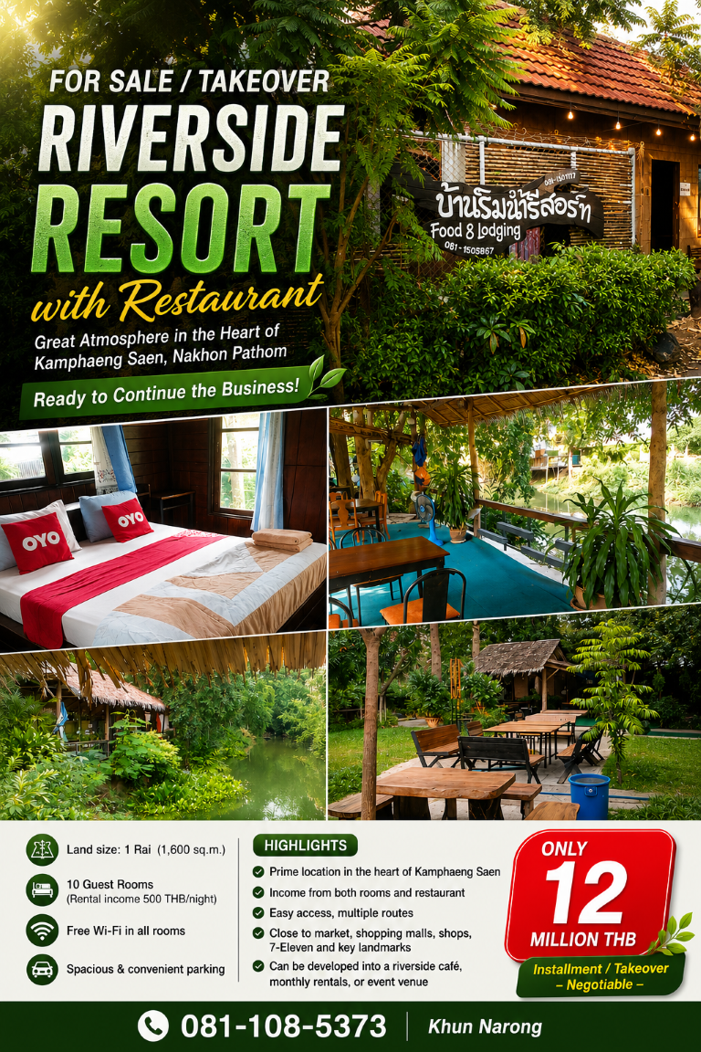 ขาย/เซ้ง ถูกมาก!! รีสอร์ทริมน้ำพร้อมร้านอาหาร บรรยากาศดี ใจกลาง อ.กำแพงแสน นครปฐม ทำกิจการต่อได้ทันที รูปที่ 4