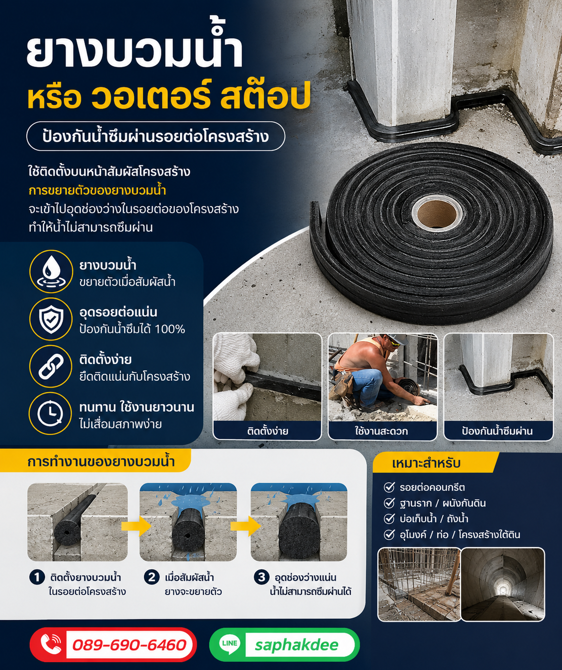 HYPERSWELL ยางบวมน้ำ ใช้อุดรอยต่อและช่องว่างของโครงสร้างคอนกรีต รอยต่อของถนนเพื่อป้องกันน้ำซึมผ่าน รูปที่ 2